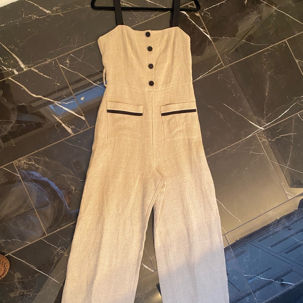 Staud Mongo jumpsuit size 6 in beige and black linen